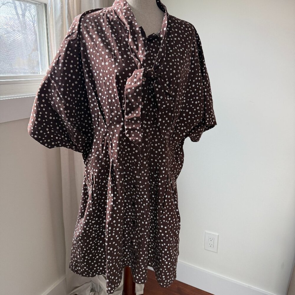 Anthropologie The Tobie Mini Shirt Dress Tie Neck Edition in brown polka dot 2X - Picture 3 of 9